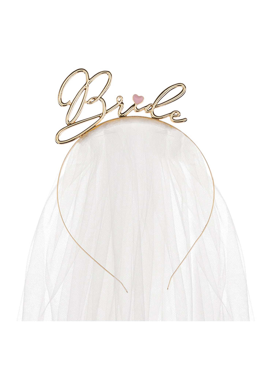 Prosecco Party Hens Night Gold Bride Headband with Veil - Close Image