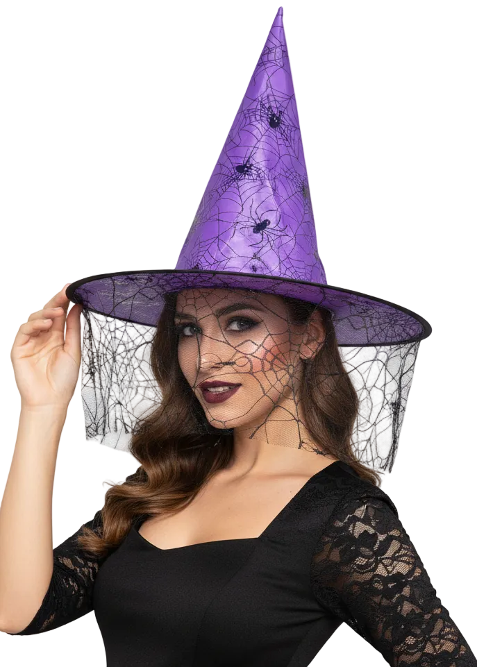 Spider Web Witch Purple and Black Halloween Costume Hat - Main Image