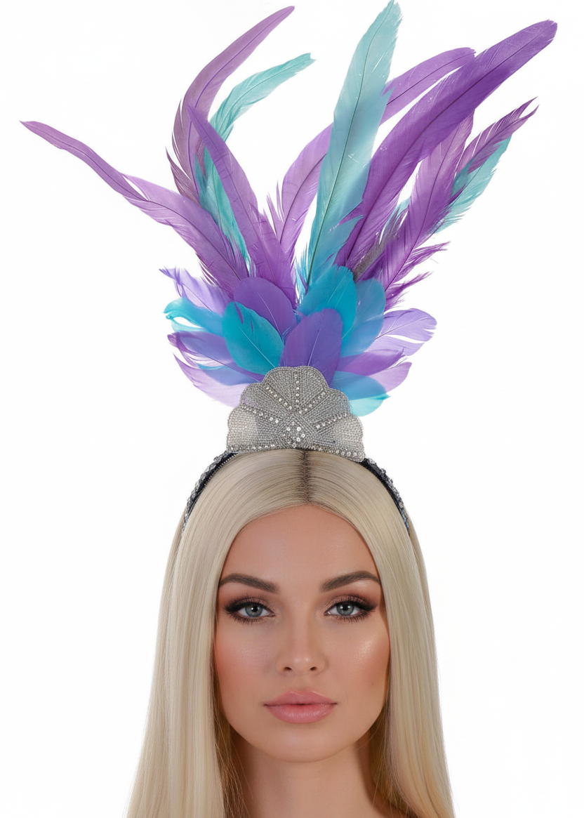 Sparkly Purple and Blue Feather Showgirl Costume Headpiece - Main Image
