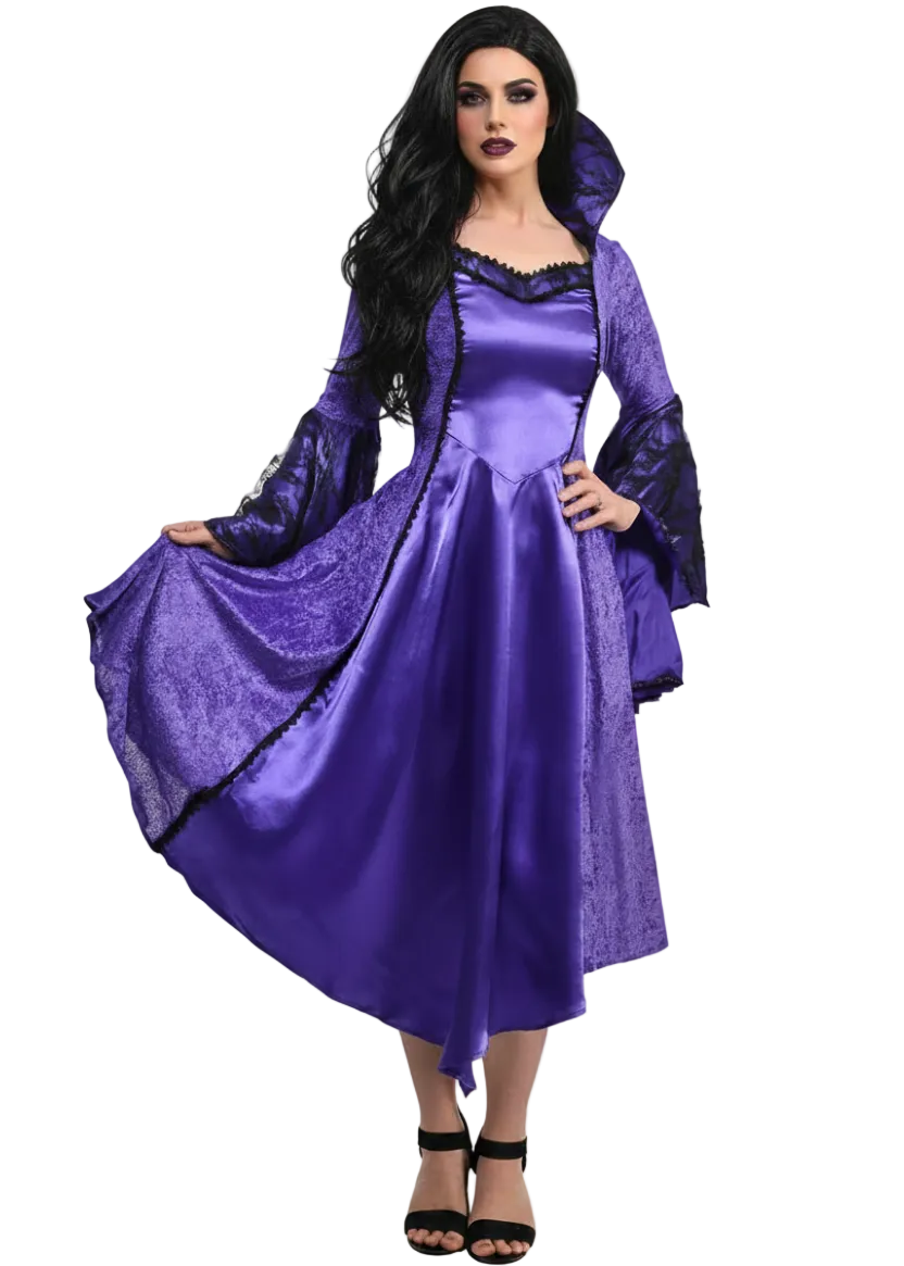 Long Purple Satin Women's Medieval Vampire Queen Costume - Main Image