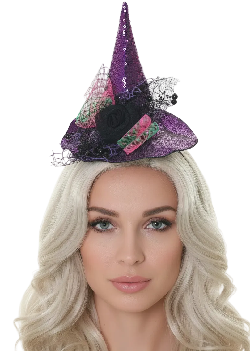 Sparkly Purple Mini Witch Hat on Headband Halloween Accessory - Main Image