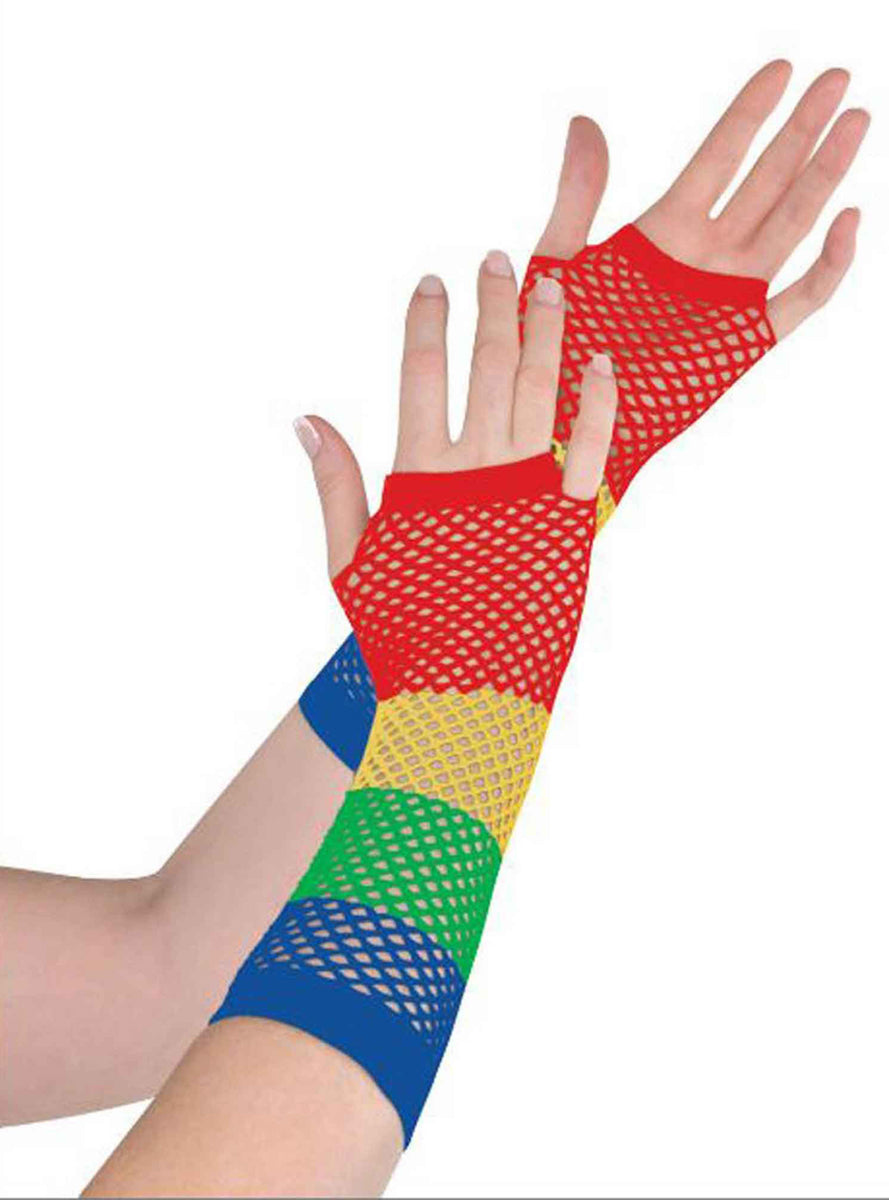 Rainbow Elbow Length Fingerless Fishnet Gloves