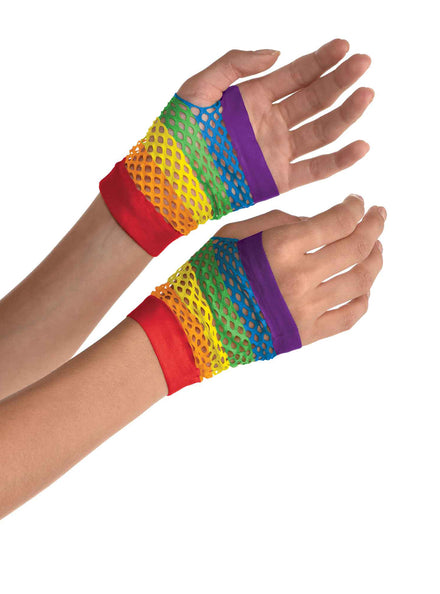 Rainbow Wrist Length Fishnet Fingerless Gloves