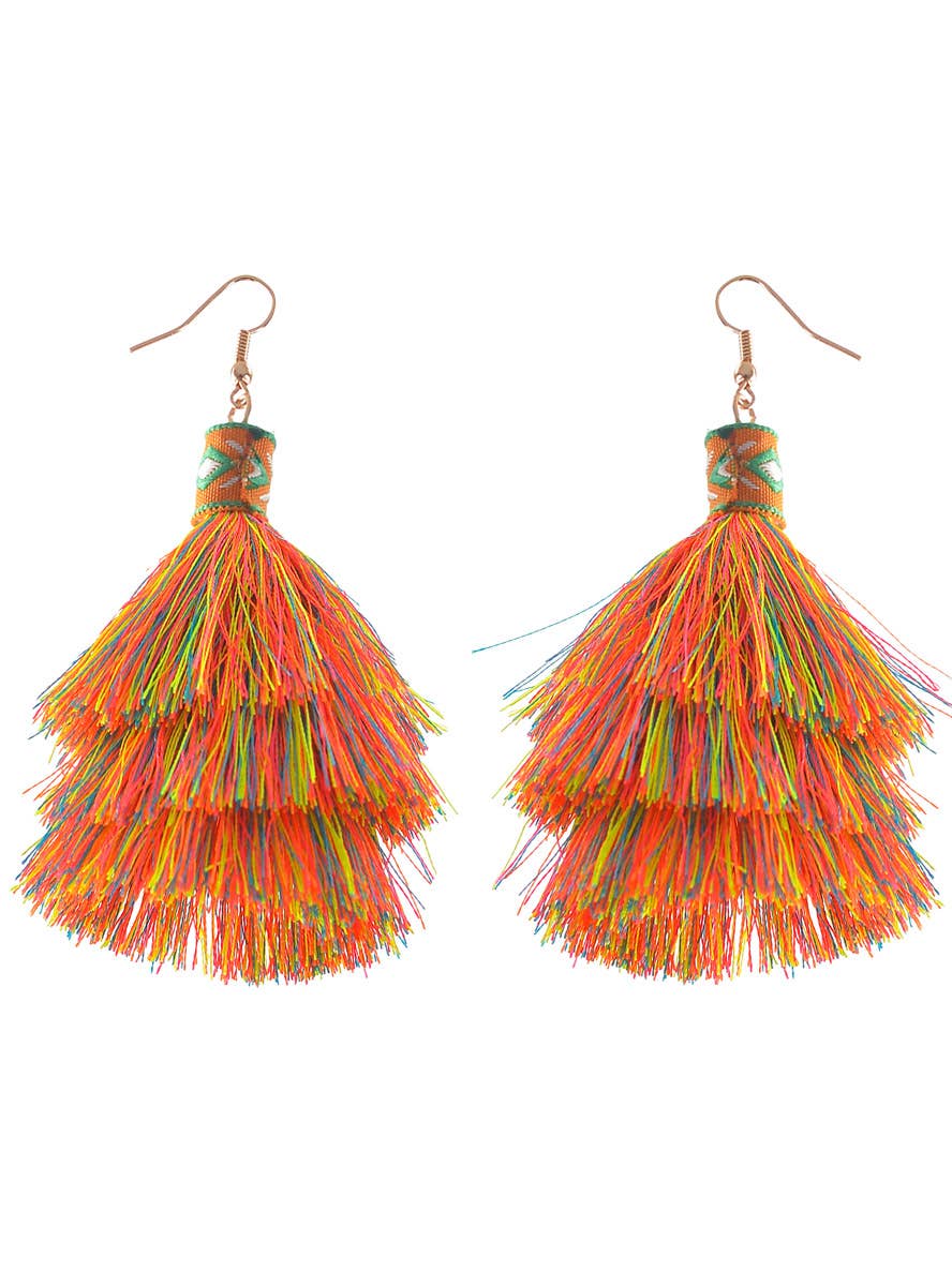 Womens 1970s Neon Rainbow Hippie Tassel Costume Earrings