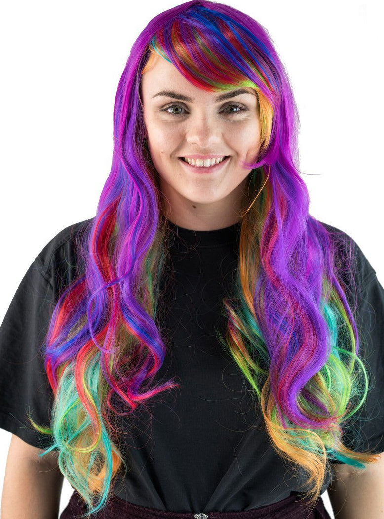 Rainbow Womens Long Curly Costume Wig with Side Fringe - Main Image