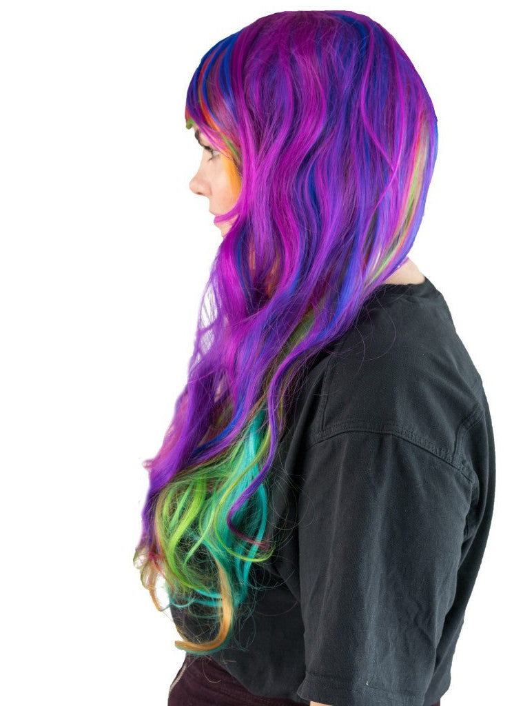 Rainbow Womens Long Curly Costume Wig with Side Fringe - Side Image