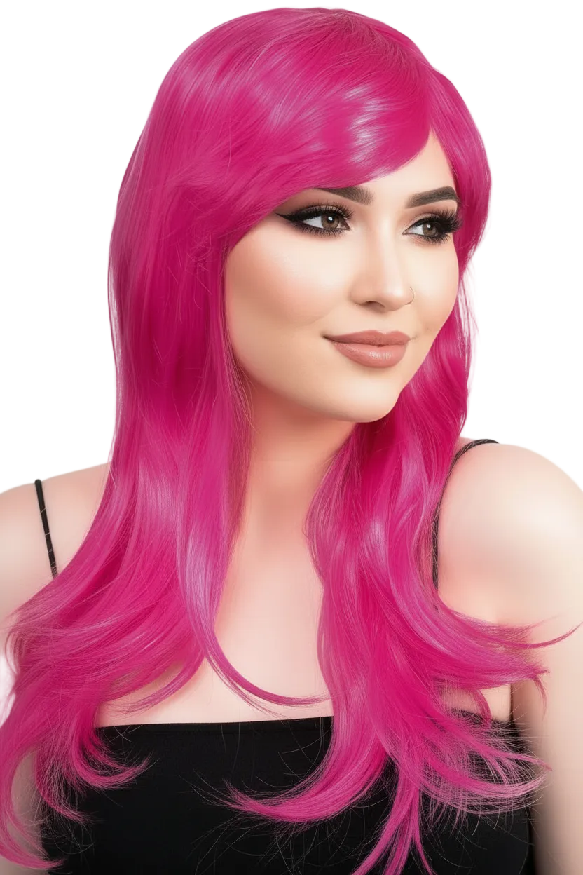 Women's Raspberry Pink Long Wavy Wig  - Main Image