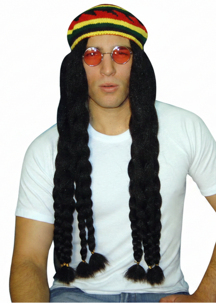 Mens Black Plaited Rasta Costume Wig With Knit Beret - main image