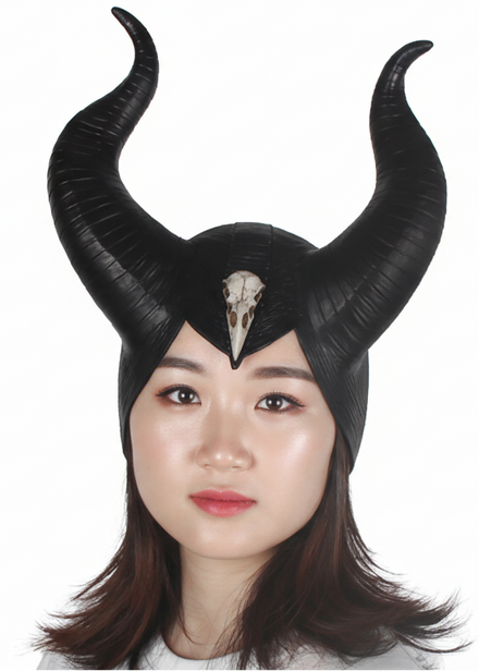 Raven Skull Evil Fairy Queen Adults Black Latex Costume Horns - Main Image