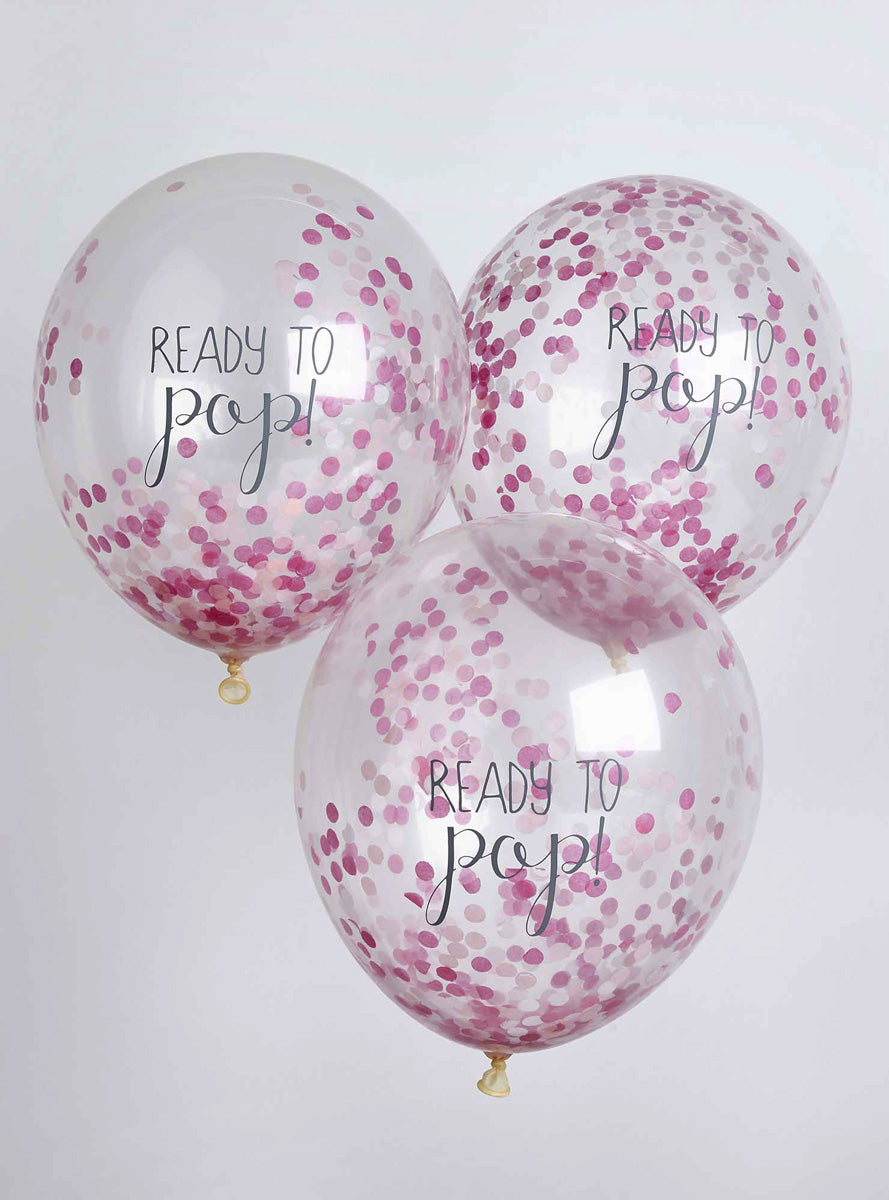 Ready to Pop 5 Pack Pink Confetti Filled 30cm Latex Balloons - Lifestyle Image