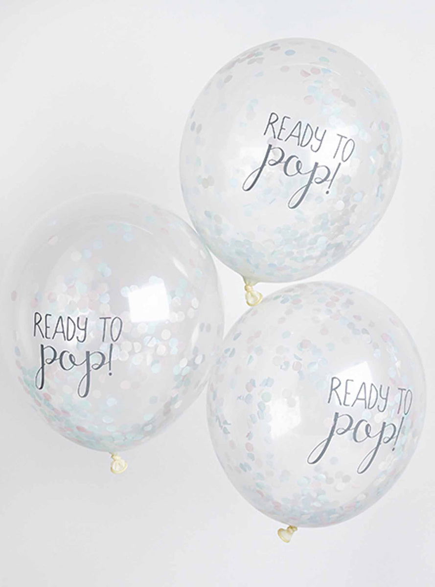 Ready to Pop 5 Pack White Confetti Filled 30cm Baby Shower Latex Balloons - Lifestyle Image