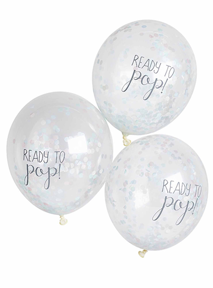 Ready to Pop 5 Pack White Confetti Filled 30cm Baby Shower Latex Balloons - Main Image