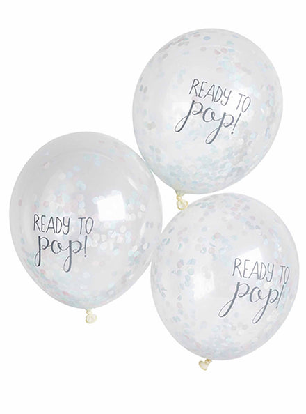 Ready to Pop 5 Pack White Confetti Filled 30cm Baby Shower Latex Balloons - Main Image