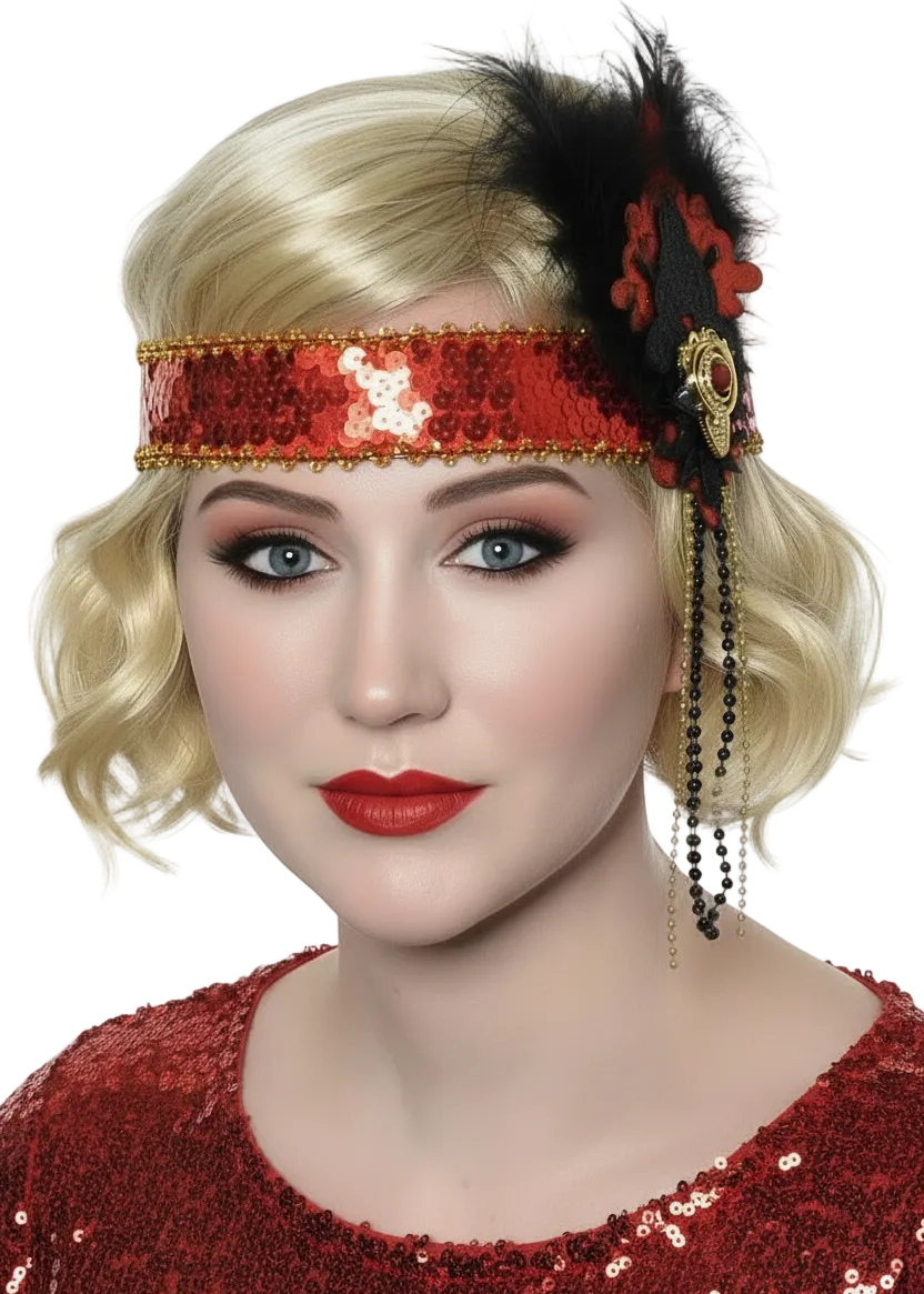 Women's Red and Black Flapper Headband with Sequins and Glitter - Main Image