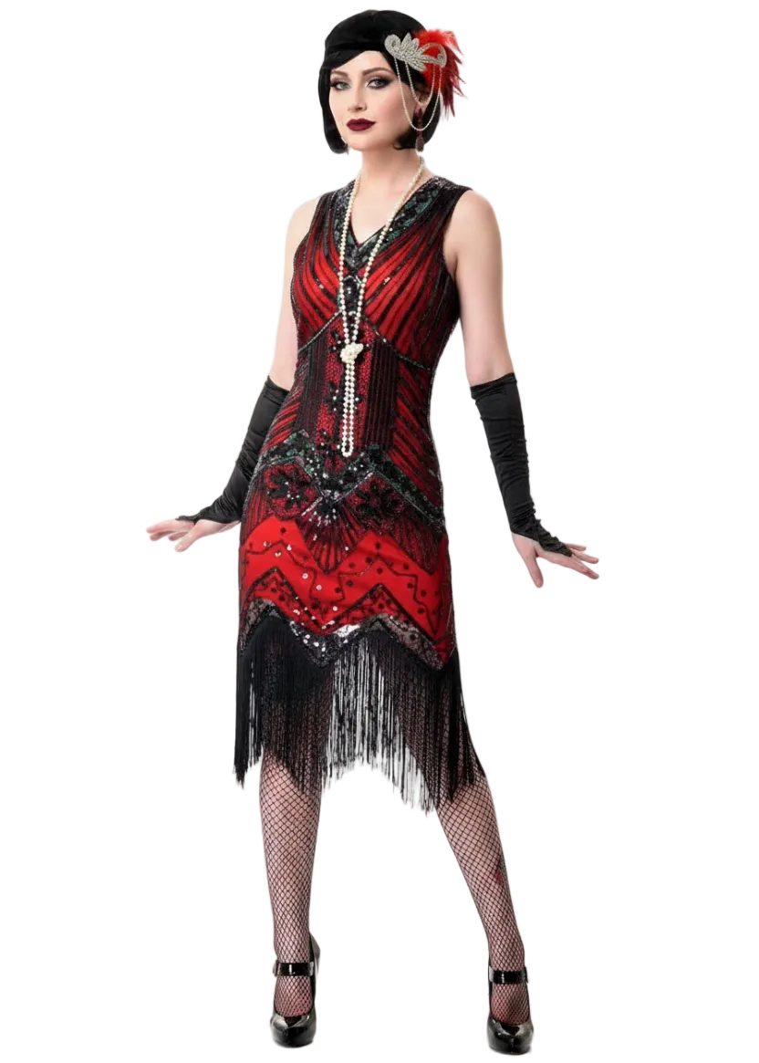 Women's Deluxe Red and Black Irridescent Sequins Great Gatsby Dress Up Costume - Main Image