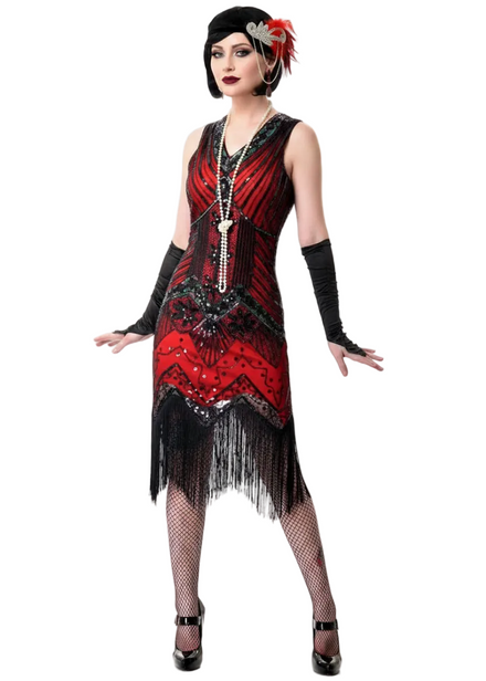 Women's Deluxe Red and Black Irridescent Sequins Great Gatsby Dress Up Costume - Main Image
