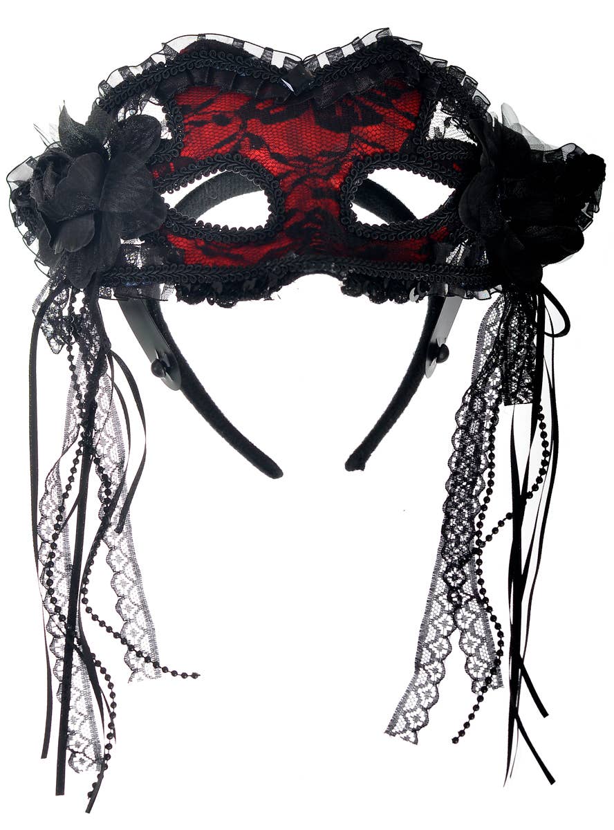Image of Floral Red and Black Lace Masquerade Mask with Ribbons - Main Image