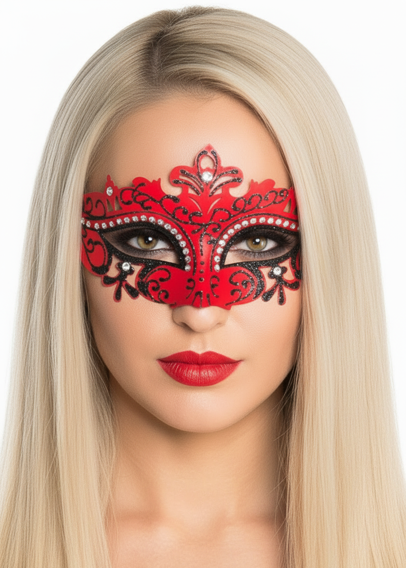 Womens Red Cut Out Masquerade Ball Mask with Rhinestones - Main Image