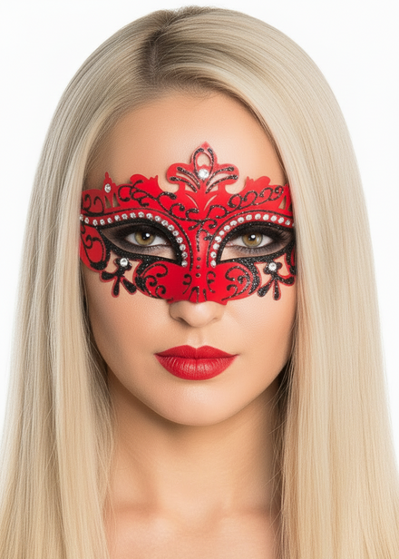 Womens Red Cut Out Masquerade Ball Mask with Rhinestones - Main Image