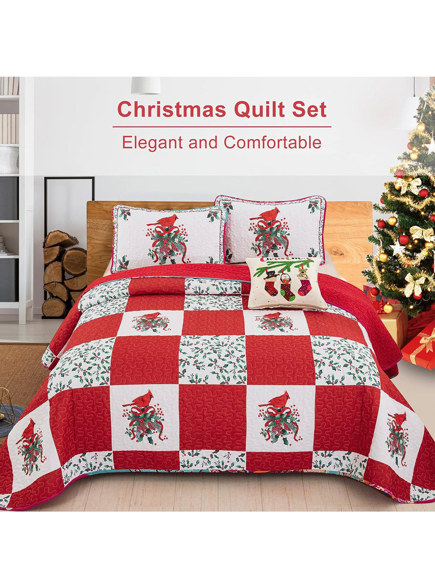 Red and Green Elegant Queen Size Christmas Quilt Cover Set - Alternate Image 1