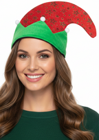 Glittery Red and Green Festive Christmas Elf Costume Hat - main image
