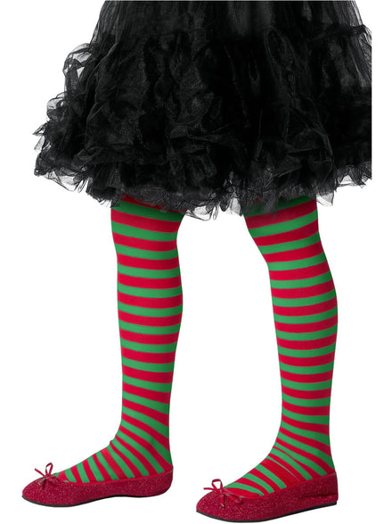 Striped Red and Green Girls Full Length Stockings - Main Image