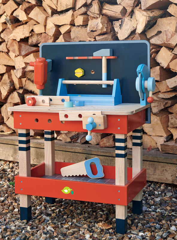 Red And Navy Blue Tenderleaf Tool Bench Wooden Toys - Lifestyle Image 5