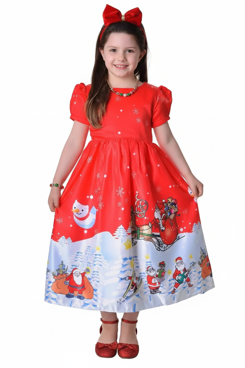 Image of Deluxe Red and White Santa Print Girl's Christmas Dress - Main Image