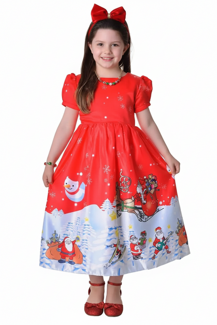 Image of Deluxe Red and White Santa Print Girl's Christmas Dress - Main Image