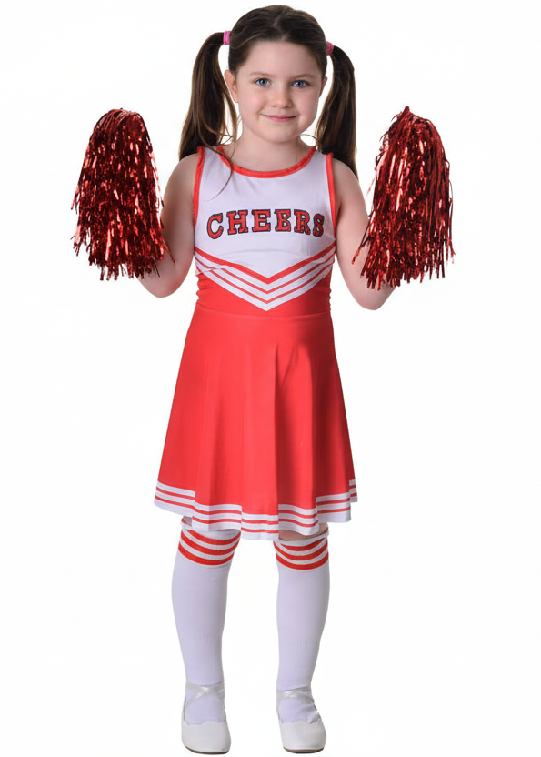 Image of Bright Red Girl's Cheerleader Fancy Dress Costume - Main Image