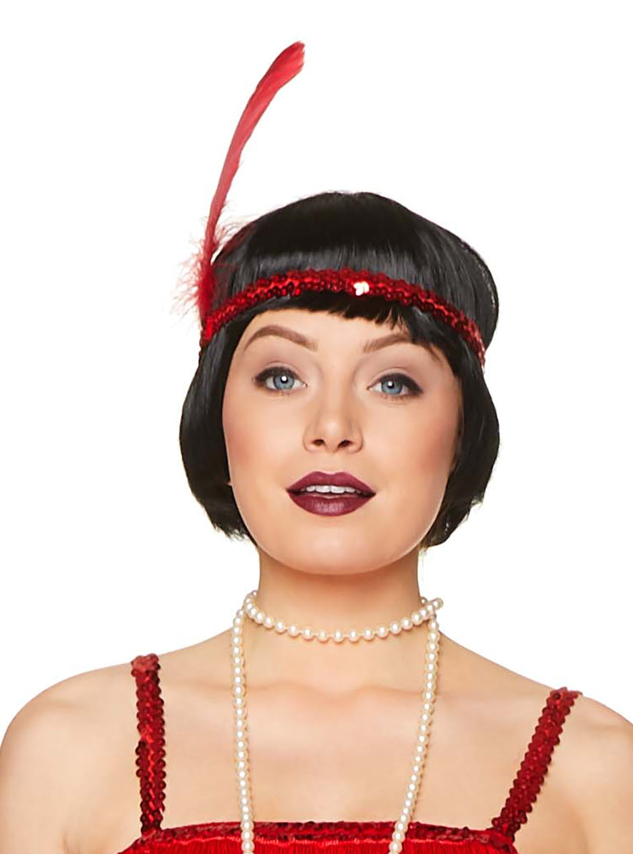 1920s Red Flapper Headband with Red Feather