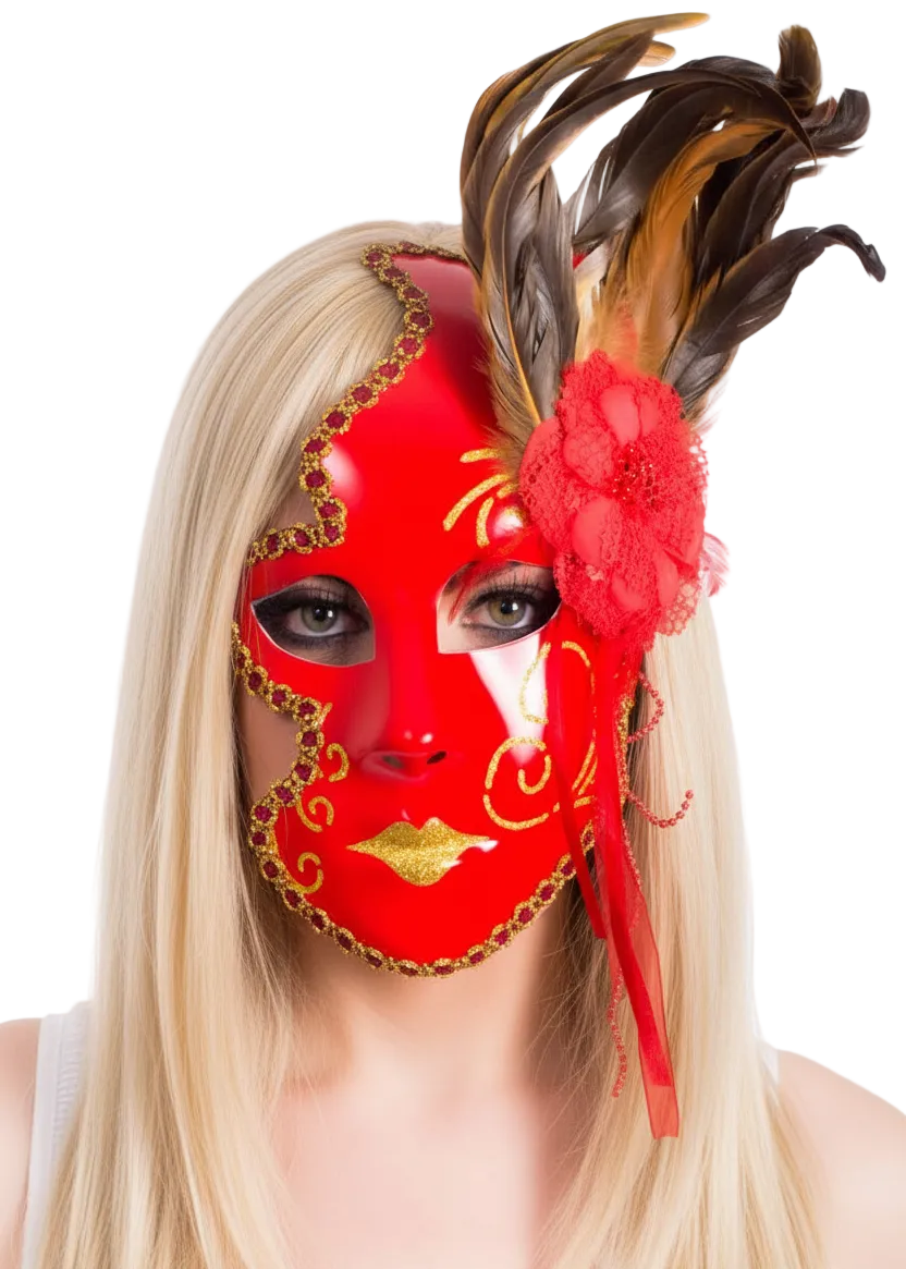 Red 3/4 Face Masquerade Mask With Feathers - Main Image