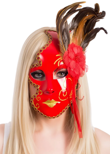 Red 3/4 Face Masquerade Mask With Feathers - Main Image