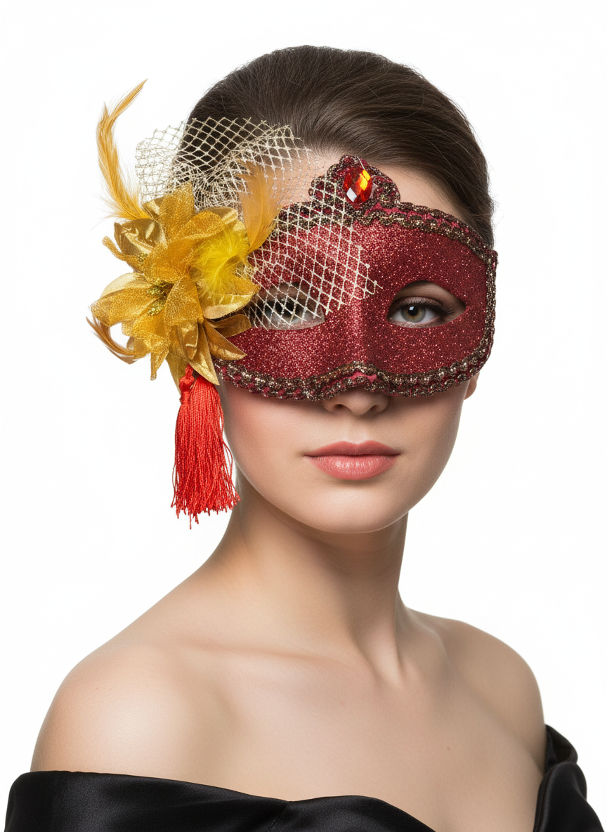 Red Glitter Womens Masquerade Mask With Gold Flower - Person Image