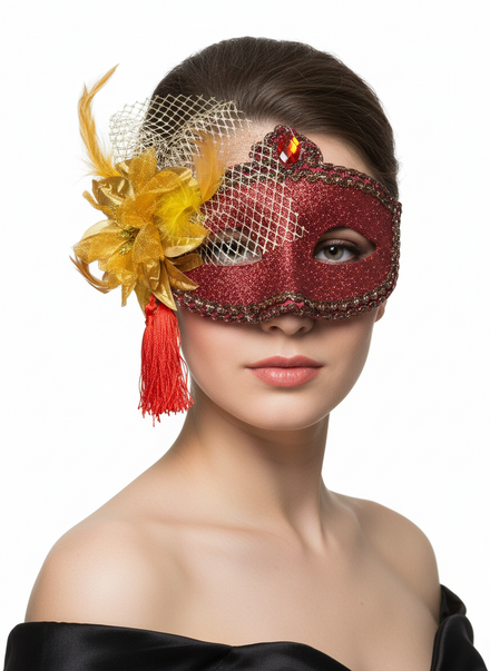 Red Glitter Womens Masquerade Mask With Gold Flower - Person Image
