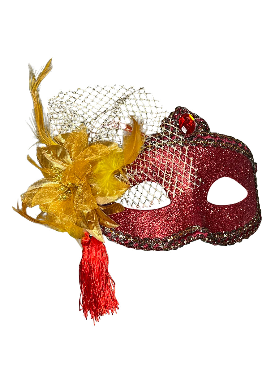 Red Glitter Womens Masquerade Mask With Gold Flower - Main Image
