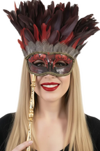 Womens Hand Held Red and Gold Half Face Masquerade Mask with Feathers - Main Image