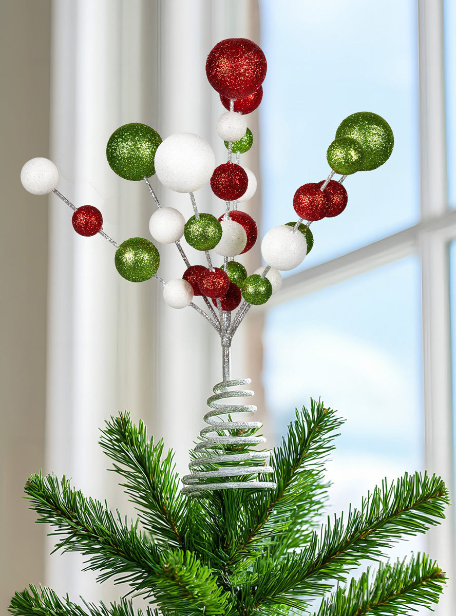 Red Green and White Glitter Bauble Christmas Tree Topper - Alternate Image