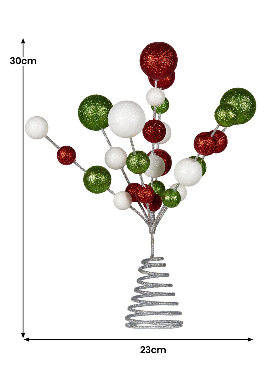 Red Green and White Glitter Bauble Christmas Tree Topper - Dimensions Image