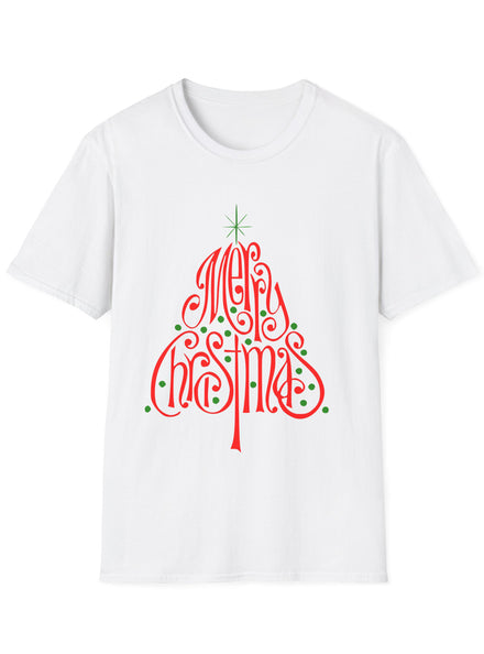 White Adults Plus Size Christmas Shirt with Red Merry Christmas Tree Print