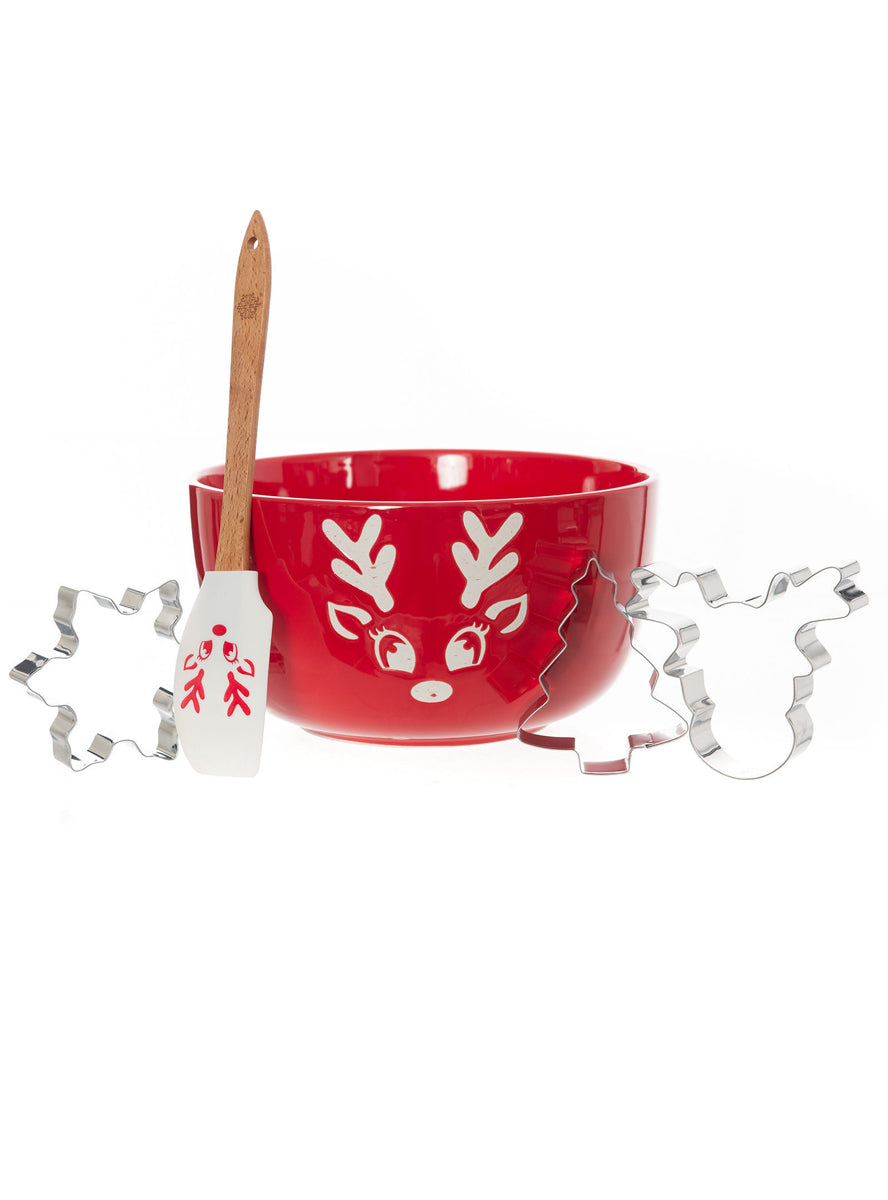 Red Reindeer Print Mini Mix Bowl Set with Cookie Cutters - Main Image