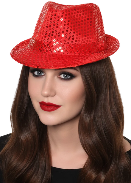 Adult's Red Sequin Fedora Hat Costume Accessory - Main Image