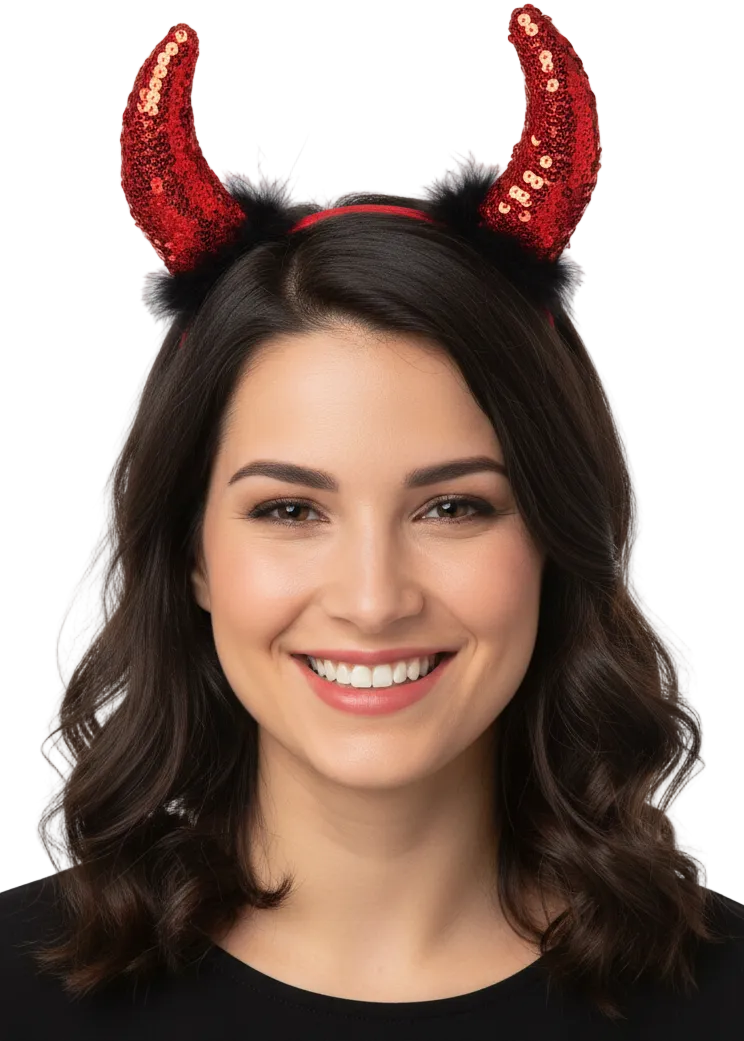Womens Red Sequin Halloween Costume Devil Horns on Headband - Main Image
