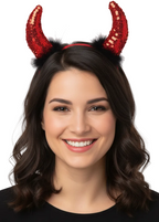 Womens Red Sequin Halloween Costume Devil Horns on Headband - Main Image