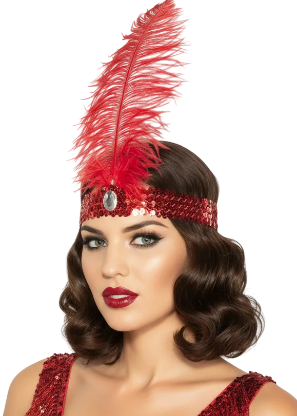 Tall Red Feather and Sequins 1920's Flapper Costume Headband -main image