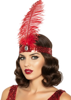 Tall Red Feather and Sequins 1920's Flapper Costume Headband -main image