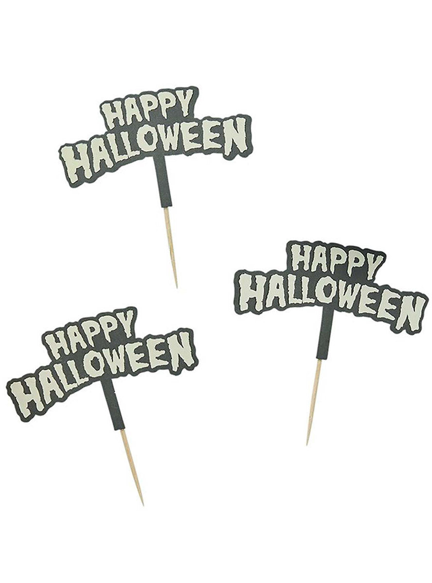 Happy Halloween Retro Glow in the Dark Cupcake Toppers 12 Pack - Flat Lay Image