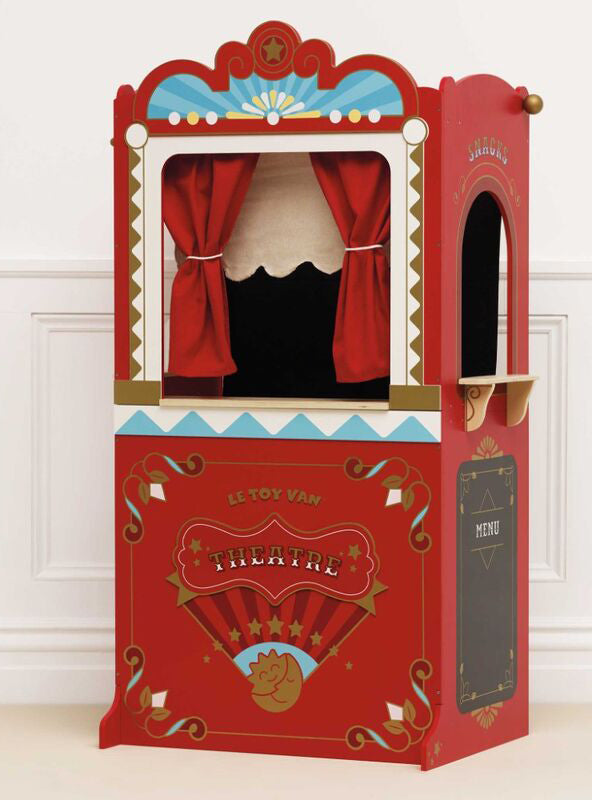 Retro Red Wooden Puppet Theatre Toy Set For Children - Lifestyle Image 1