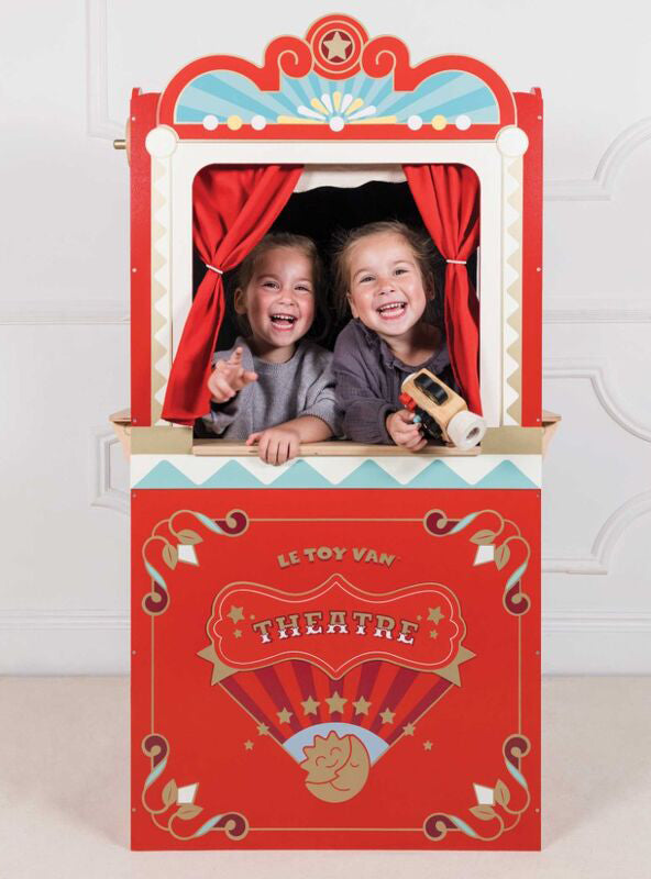 Retro Red Wooden Puppet Theatre Toy Set For Children - Lifestyle Image 2