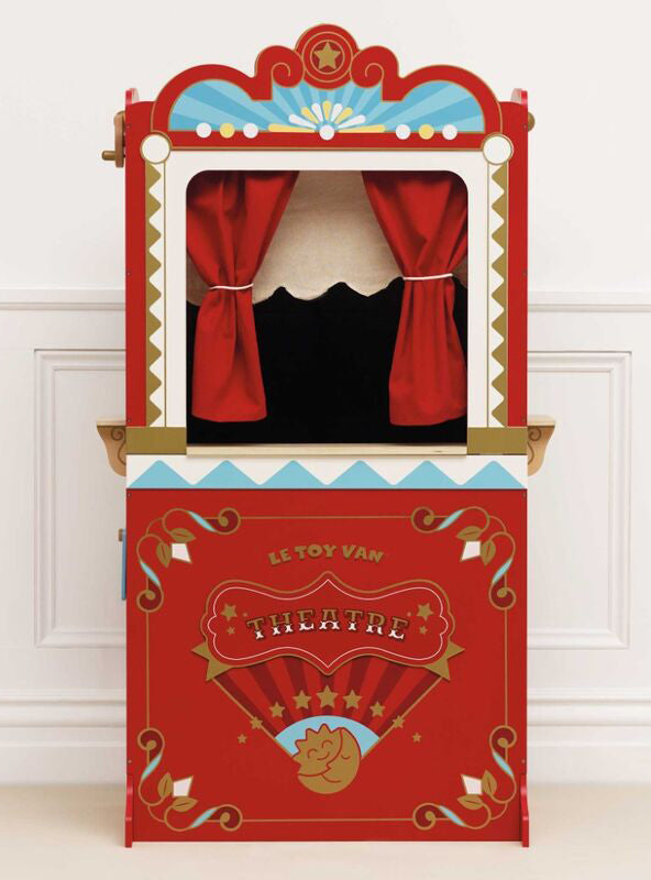 Retro Red Wooden Puppet Theatre Toy Set For Children - Lifestyle Image 3
